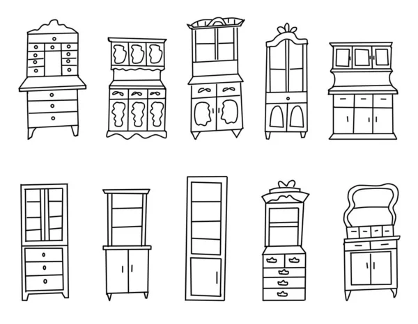 Set Armadi Antichi Disegnati Stile Schizzo Collezione Armadi Antichi Isolati — Vettoriale Stock