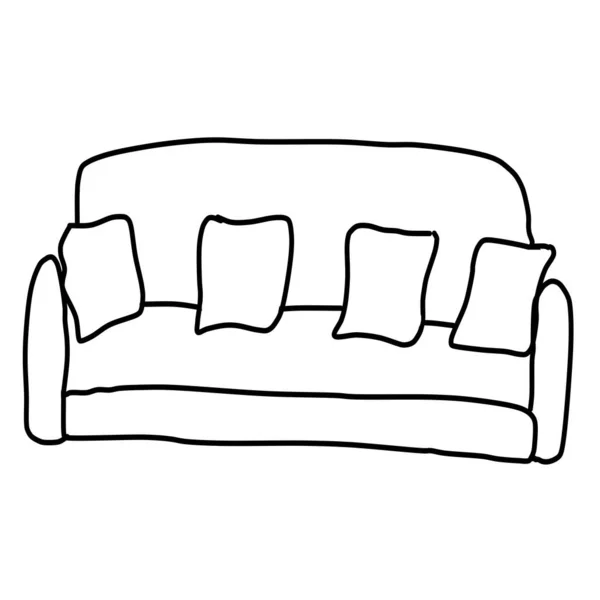 Modern Sofa Four Pillows Drawing Doodle Style Isolated White Background — Stock Vector