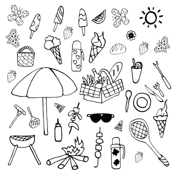 Colección Ilustraciones Vectoriales Sobre Tema Las Vacaciones Verano Set Garabatos — Vector de stock