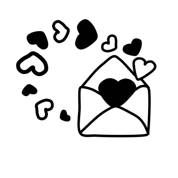 封筒のかわいいシングル落書きのアイコンと心の渦 手描きベクトルイラスト グリーティングカードポスターステッカー季節のデザイン 白い背景に隔離されています バレンタインの郵便 — ストックベクタ