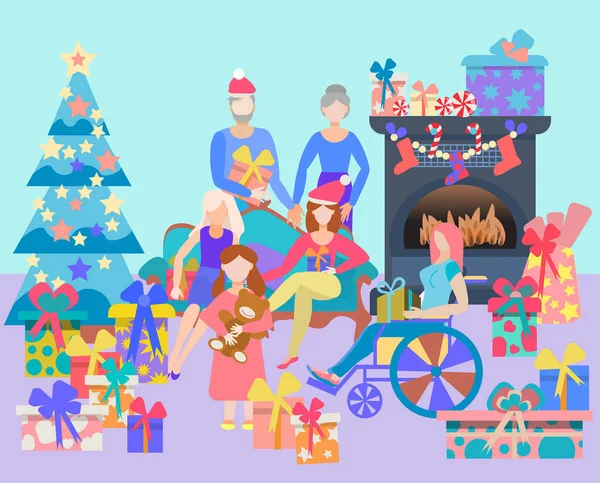 Noel Ağacı Şömine Hediyelerle Dolu Yeni Yıl Arifesi Aile Noel — Stok Vektör
