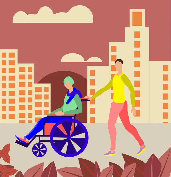 Ein Alter Mann Rollstuhl Und Eine Sozialarbeiterin Gehen Herbst Mit — Stockvektor