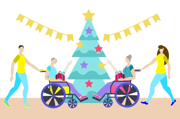 Рождество Доме Престарелых Бабушка Дедушка Сидят Инвалидных Колясках Дарят Друг — стоковый вектор