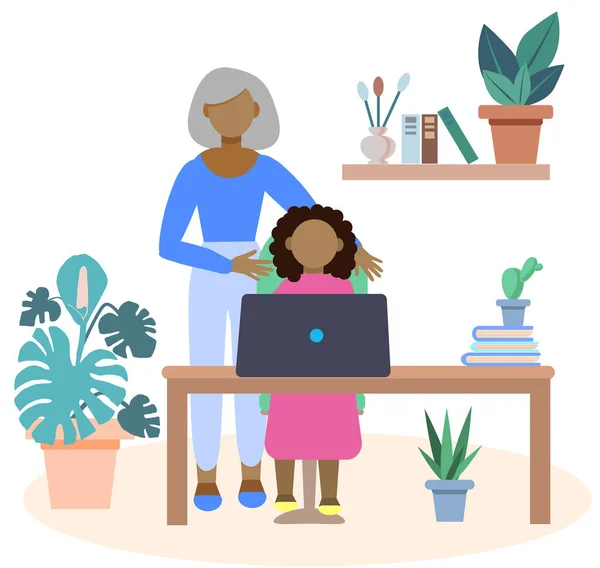 Učit Děti Online Domácí Hodiny Dětmi Afro Americká Rodina Babička — Stockový vektor