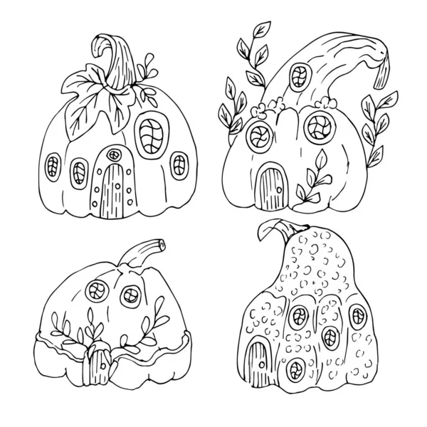 Conjunto Casas Abóbora Casas Abóbora Véspera Todos Santos Estilo Doodle — Vetor de Stock