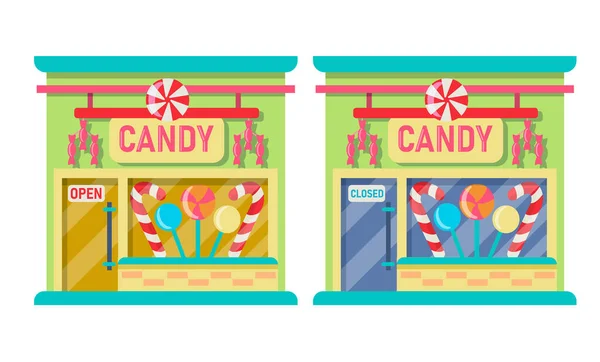 Tienda Dulces Está Abierta Cerrada Conjunto Ilustración Fachada Exterior Del — Archivo Imágenes Vectoriales