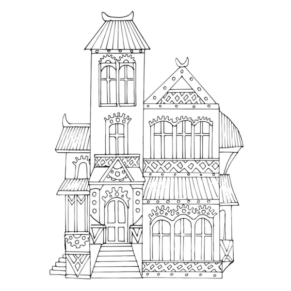 スチームパンクな家のベクトルイラスト ヴィクトリア様式 素晴らしい建築だ 子供と大人のためのぬりえページ 白い背景に隔離された — ストックベクタ