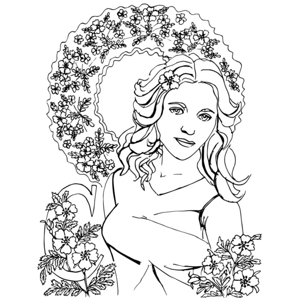 Dibujo Vectorial Estilizado Una Joven Rodeada Por Adorno Flores Rosas — Vector de stock