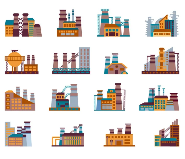 Set Iconos Fábrica Conjunto Fábricas Industriales Estilo Plano Aisladas Sobre — Vector de stock