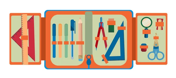 Set School Accessories Pencil Box Back School Stylish Orange Pencil — 스톡 벡터