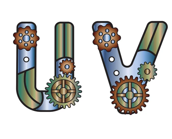 Czcionka Stylu Steampunk Mechaniczny Alfabet Przekładniami Litera Ilustracja Wektorowa Starego — Wektor stockowy