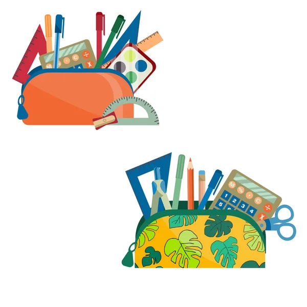 Juego Útiles Escolares Estuche Lápices Conjunto Estuches Lápices Con Herramientas — Vector de stock