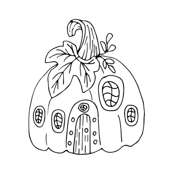 Dynia Dom Halloween Stylu Doodle Izolowane Białym Tle Liniowy Wzór — Wektor stockowy