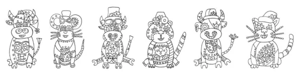 Conjunto Toro Tigre Gato Ratón Estilo Steampunk Los Símbolos Chinos — Vector de stock