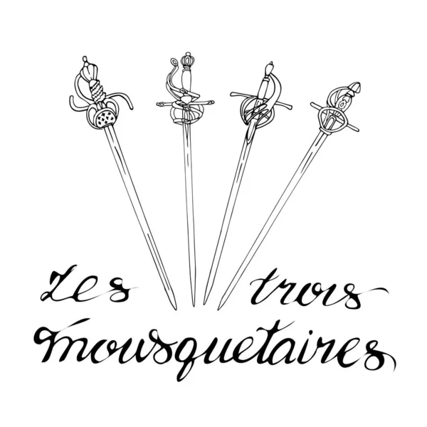 Handwritten Inscription French Three Musketeers Lettering Outline Drawing Swords Isolated — Stock Vector