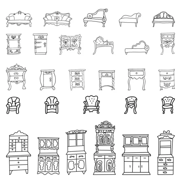 Çekmeceler, masalar, dolaplar, kanepeler, koltuklar, koltuklar gibi zarif antika sandıklar bir eskiz tarzında yapılır. Doodle izole edilmiş. Vintage mobilya koleksiyonu çizildi 