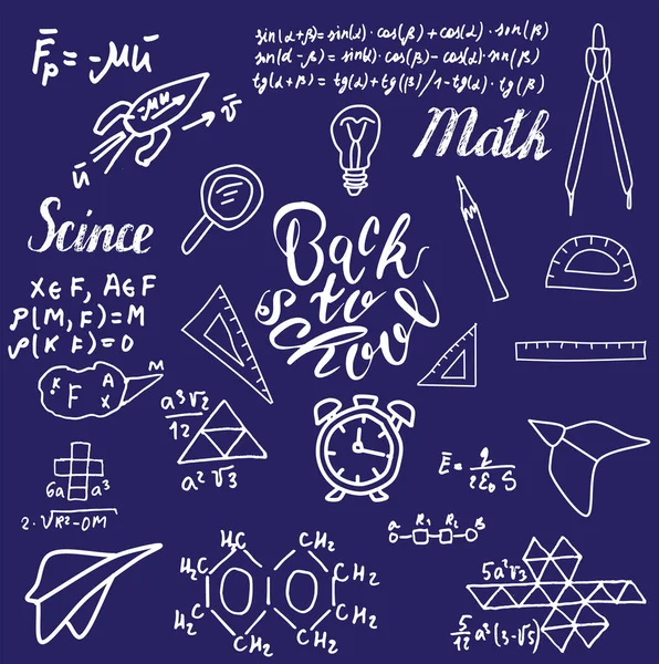 Διανυσματικό Υπόβαθρο Εικονογράφηση Στυλ Doodle Πίσω Στο Σχολείο Επιγραφή Επιστημονικές — Διανυσματικό Αρχείο