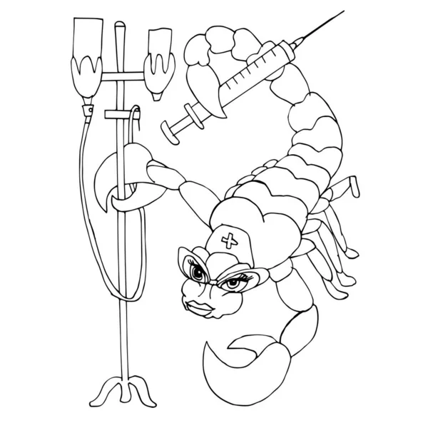 Akrep hemşire elinde kuyruğuyla bir şırınga tutuyor ve bir damla taşıyor. Bir akrep hemşire çizimi. Çocuklar ve yetişkinler için boyama sayfaları. Doğrusal çizim. Zodiac işareti Scorpio.