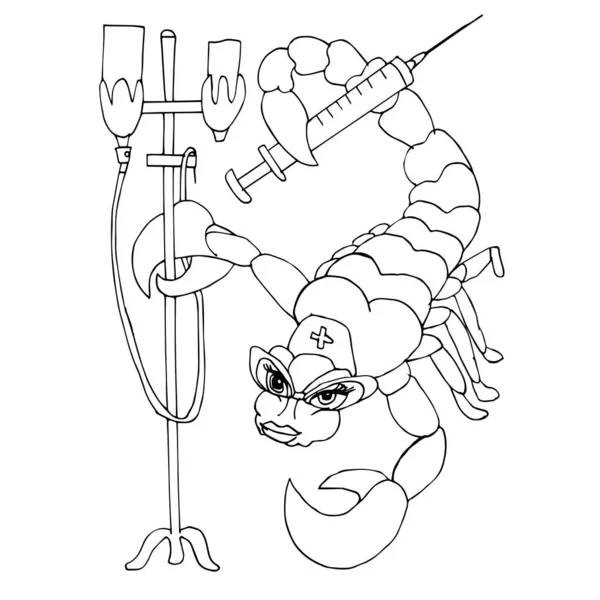 Enfermeira Escorpião Segura Uma Seringa Com Cauda Carrega Gotejamento Desenho —  Vetores de Stock