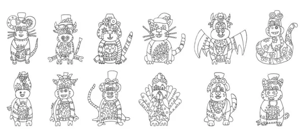 Animales Del Zodíaco Chino Símbolos Año Nuevo Estilo Steampunk Ilustración — Vector de stock