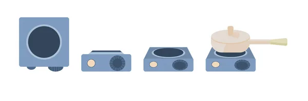 電気炊飯器は白い背景に隔離されています バーナーのベクトルセットは漫画のスタイルで描かれています 上からの眺め 正面からの眺め 等価性 鍋がストーブの上にある — ストックベクタ