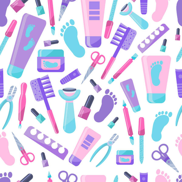 Pattern of pedicure accessories. Seamless pattern of tools for the beauty of your legs. Tools for female attractiveness. Vector illustration in flat style.Banner for a beauty salon