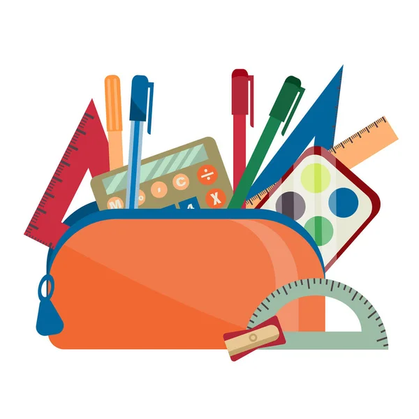 Set School Accessories Pencil Box Orange Pencil Case Tools Drawing — 스톡 벡터