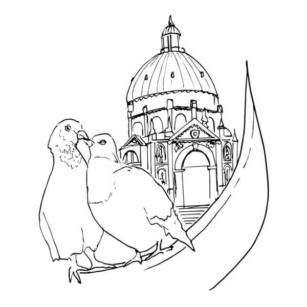 Viaje Romántico Góndola Ilustración Lineal Vectorial Lindos Pájaros Del Amor — Vector de stock