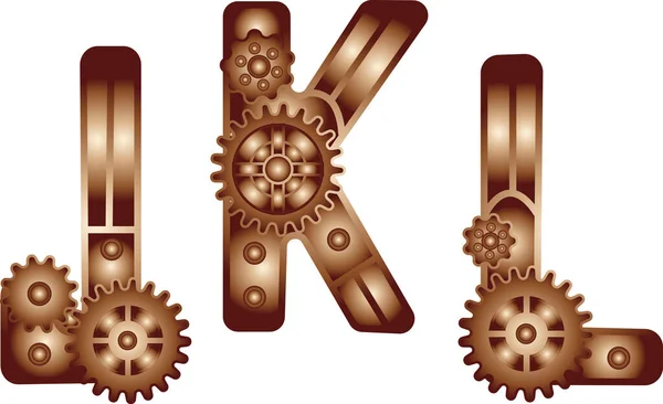 Steampunk stilindeki yazı tipi. Vitesli mekanik metal alfabesi. Logo ve metin için eski bir steampunk alfabesinin J L K vektör çizimi. Tasarım ve dekorasyon için..