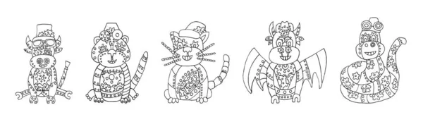 Set Bull Tiger Cat Dragon Snake Steampunk Style Chinese Zodiac — Stock Vector