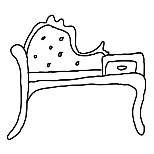 Dekoratif çekmeceli tek bir antika yatak. Doodle tarzında çizim. Beyaz bir arka planda izole edilmiş. Çizgilerde vektör çizimi. Rahat ve şık bir yatak. Tasarım, dekorasyon, ağ, renklendirme.