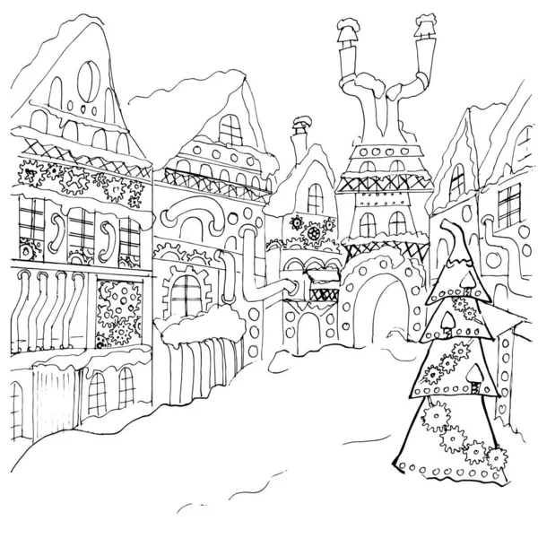 Steampunk Stylu Ulicy Bożego Narodzenia Noworoczna Ulica Architektura Steampunk Choinka — Wektor stockowy