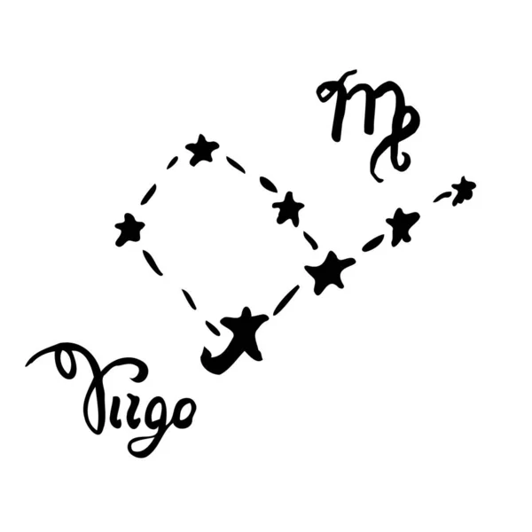 Constellation Virgo Vektorová Ilustrace Znamení Zvěrokruhu Symbol Kaligrafický Název Kreslený — Stockový vektor