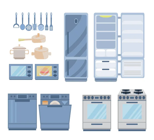 Kitchenware Kitchen Utensils Collection Home Appliances Icons Vector Set Refrigerator — Stock Vector