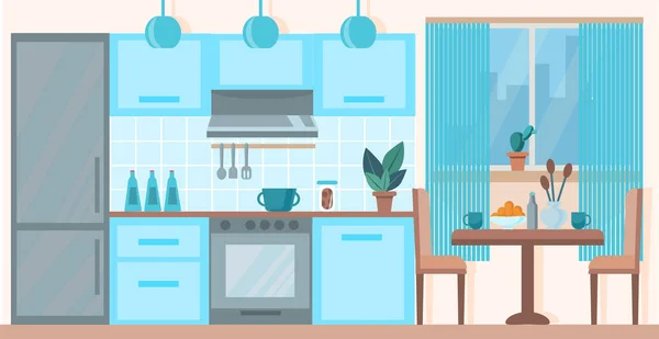 Сучасний Затишний Кухонний Інтер Обідньою Зоною Інтер Кухні Плитою Шафою — стоковий вектор