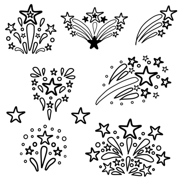 Set Hand Drawn Fireworks Isolated White Background Collection Fireworks Doodle — Stock Vector