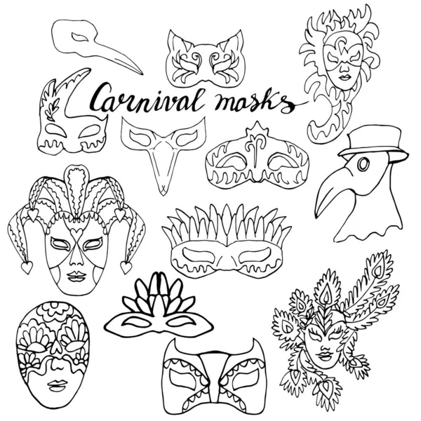 Conjunto Máscaras Garabato Dibujadas Mano Máscaras Gato Doctor Plaga Arlequín — Archivo Imágenes Vectoriales
