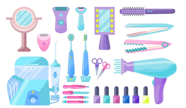 Conjunto Dispositivos Para Belleza Salud Las Mujeres Colección Herramientas Para — Archivo Imágenes Vectoriales