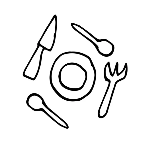 一套供野餐 旅游用的一次性餐具 白色背景上孤立的Doodle样式的向量图 — 图库矢量图片