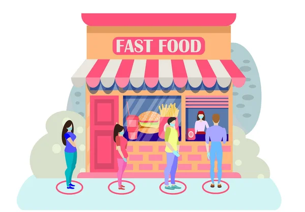 Queue Fast Food Restaurant Concept Safe Queue Store People Stand — Stock Vector