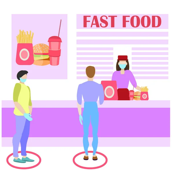 Interior Fast Food Restaurant Queue Checkout Concept Safe Customer Service — Stock Vector
