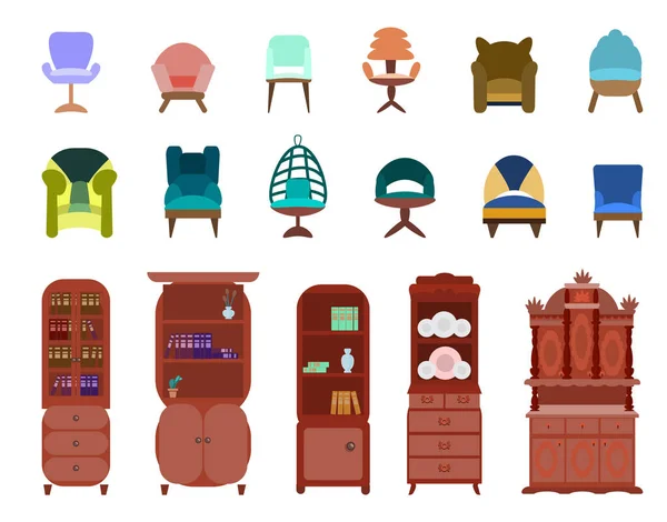 Set Sedie Colorate Antiche Moderne Sedie Armadio Armadio Isolato Sfondo — Vettoriale Stock