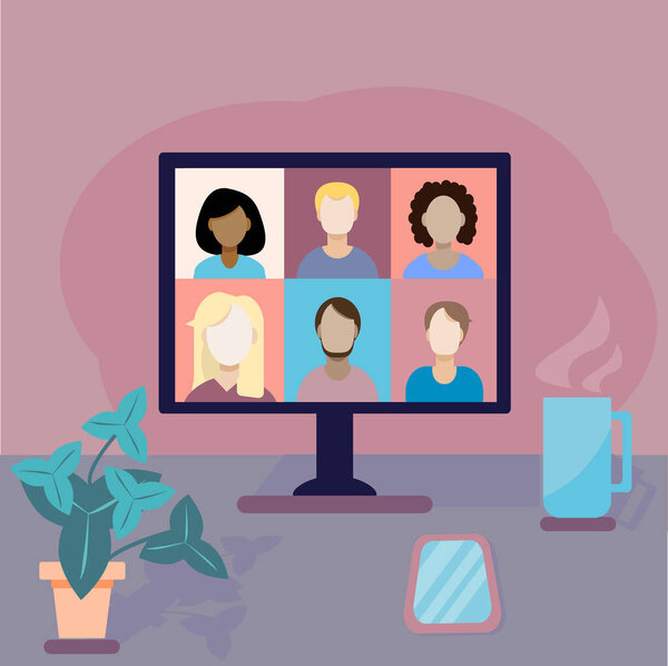 Online meeting work form home. Home office. Colleagues talk to each other on the computer screen. Conference video call.  Chat with friends. Vector illustration in a flat style
