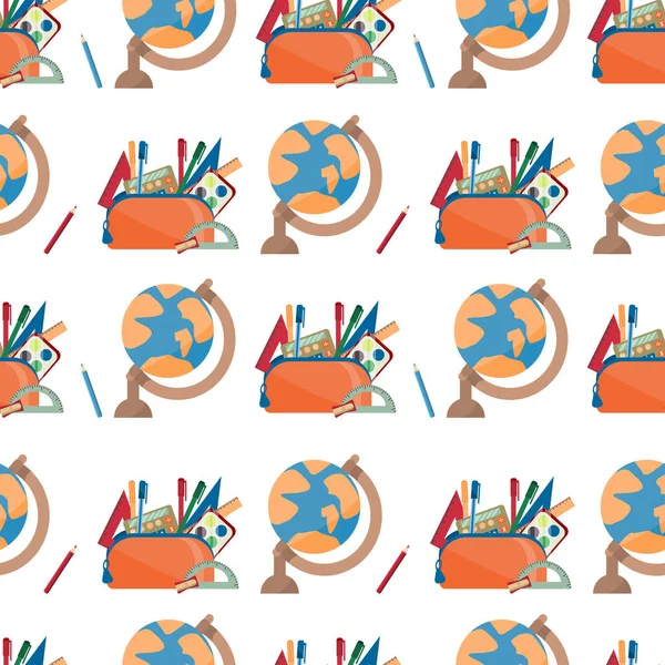 Vector Seamless Back School Pattern Pencil Case School Accessories Globe — 스톡 벡터