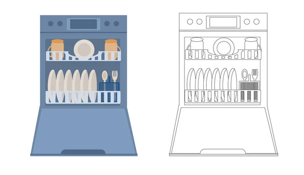Ανοίξτε Πλυντήριο Πιάτων Πιάτα Μέσα Σύγχρονη Οικιακή Συσκευή Για Πλύσιμο — Διανυσματικό Αρχείο