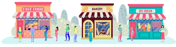 Marketler için sıra olun. Pastane, fast food ve dondurma. Kuyruktaki sosyal mesafe. Düz bir şekilde vektör illüstrasyonu. Pankart
