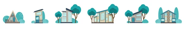 生態系の家やデザイン要素のためのアイコンのセット 白い背景に描かれた漫画風に描かれた緑に囲まれたかわいい家のコレクション 平面図のベクトル図 — ストックベクタ