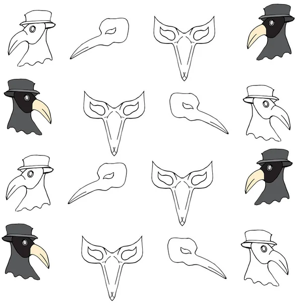 Pattern Hand Drawn Scribble Masks Plague Doctor Mardi Gras Festival — Stock Vector