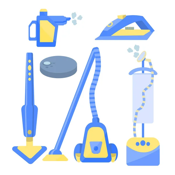 白い背景に隔離された家 蒸気を洗浄するための掃除機のセット ロボット掃除機 アパートを掃除するための機器のコレクション 平型ベクトルイラスト — ストックベクタ