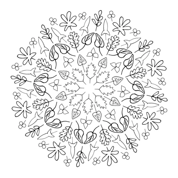 Симпатичный Doodle Мандала Листьями Белом Фоне Набор Ботанических Элементов Расположенных — стоковый вектор